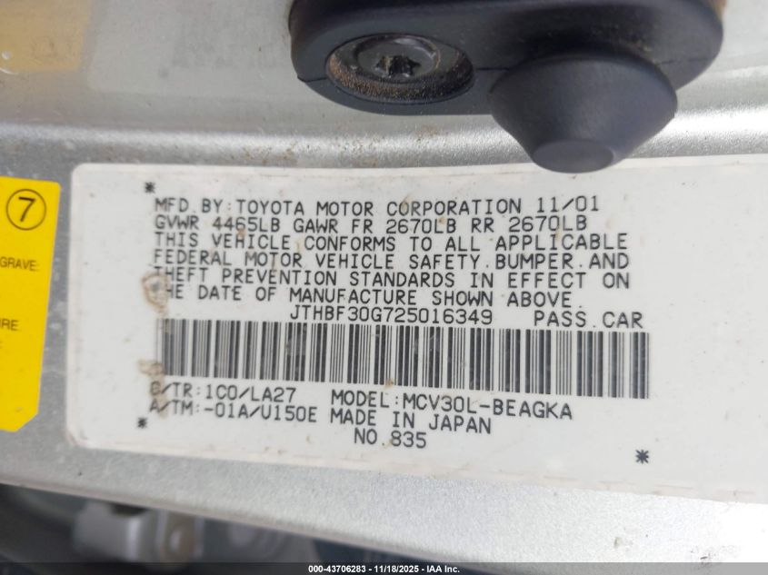 2002 Lexus Es 300 VIN: JTHBF30G725016349 Lot: 43706283