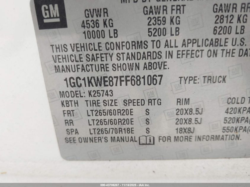 2015 Chevrolet Silverado 2500Hd Ltz VIN: 1GC1KWE87FF681067 Lot: 43706287