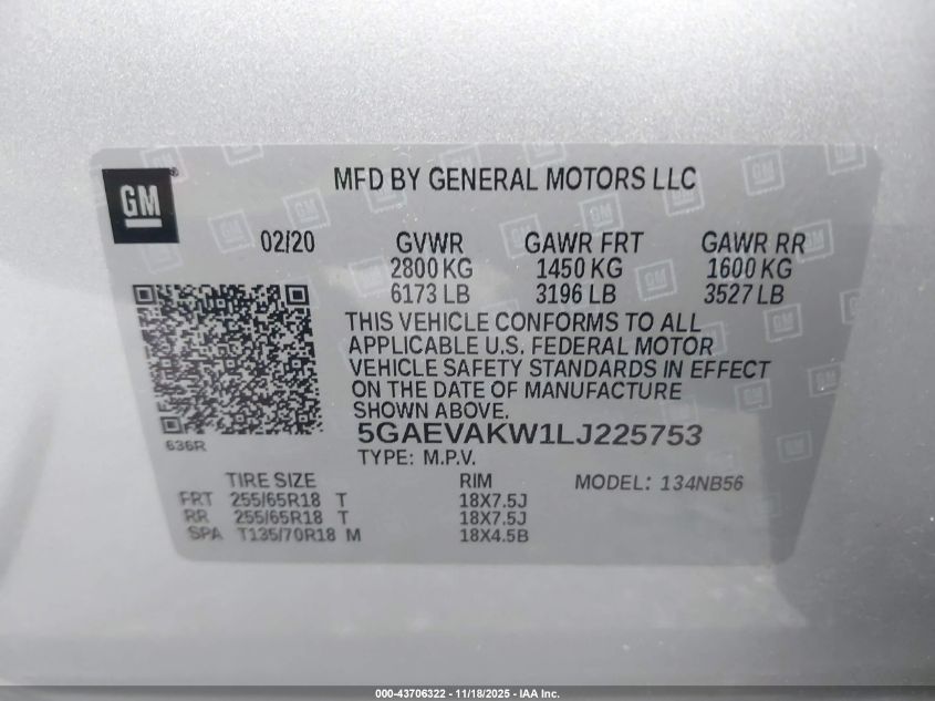 2020 Buick Enclave Awd Essence VIN: 5GAEVAKW1LJ225753 Lot: 43706322