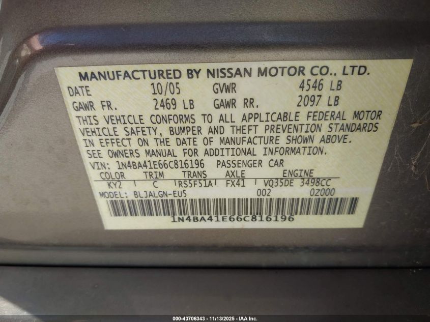 2006 Nissan Maxima 3.5 Sl VIN: 1N4BA41E66C816196 Lot: 43706343