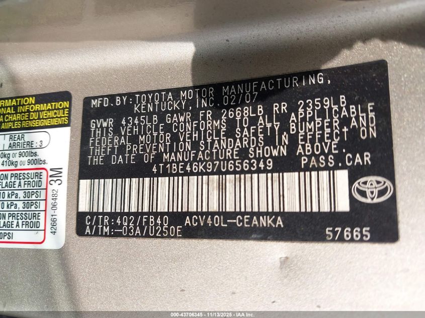 2007 Toyota Camry Le VIN: 4T1BE46K97U656349 Lot: 43706345