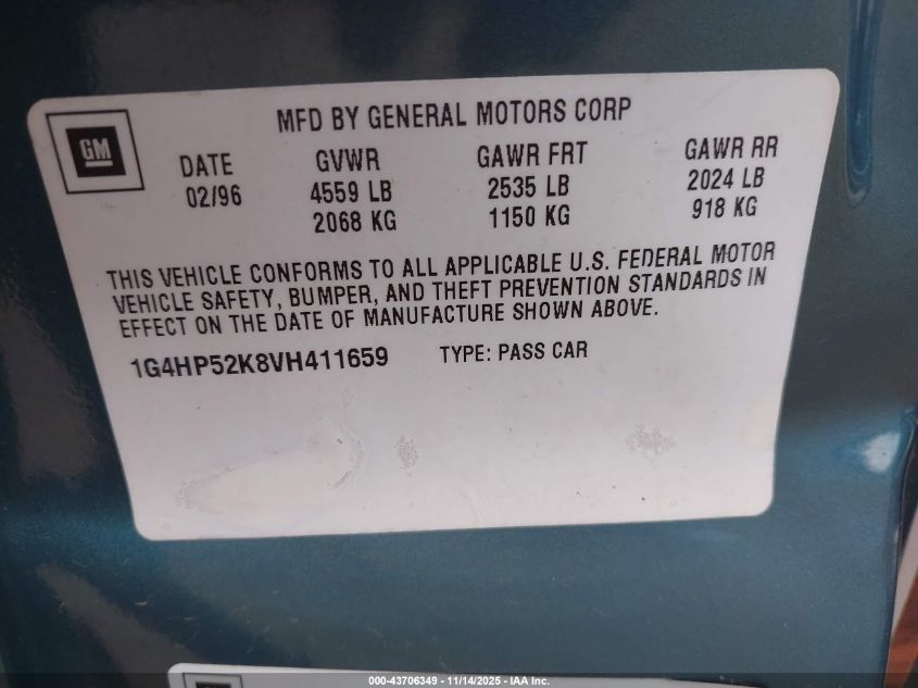 1997 Buick Lesabre Custom VIN: 1G4HP52K8VH411659 Lot: 43706349