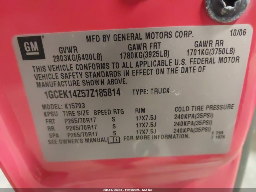 2007 Chevrolet Silverado 1500 Classic Lt1 VIN: 1GCEK14Z57Z185814 Lot: 43706353