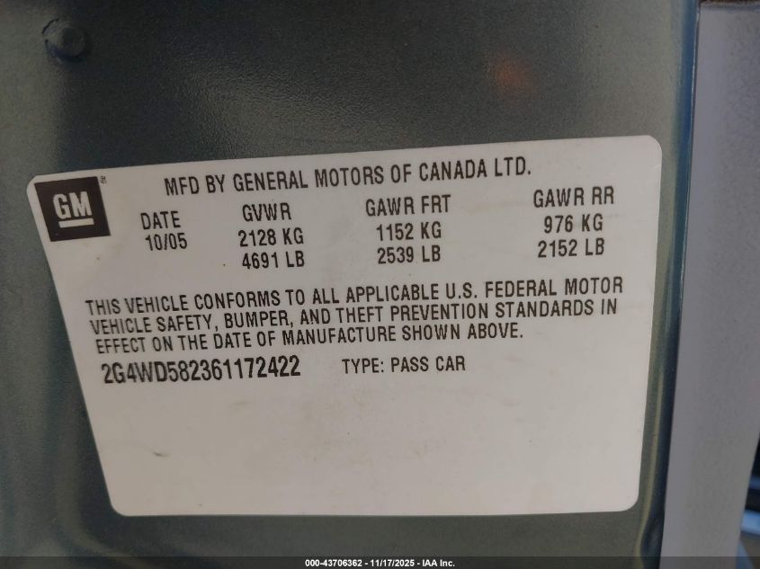 2006 Buick Lacrosse Cxl VIN: 2G4WD582361172422 Lot: 43706362