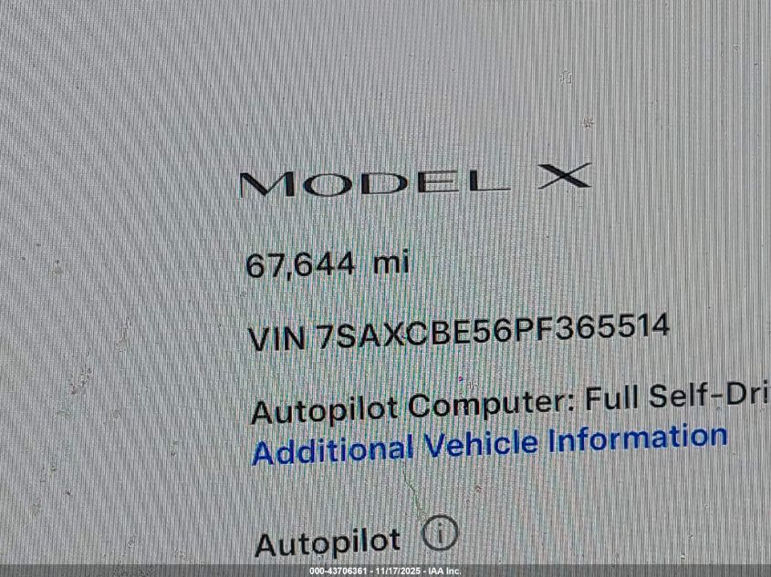 2023 Tesla Model X Dual Motor All-Wheel Drive/Standard Range VIN: 7SAXCBE56PF365514 Lot: 43706361