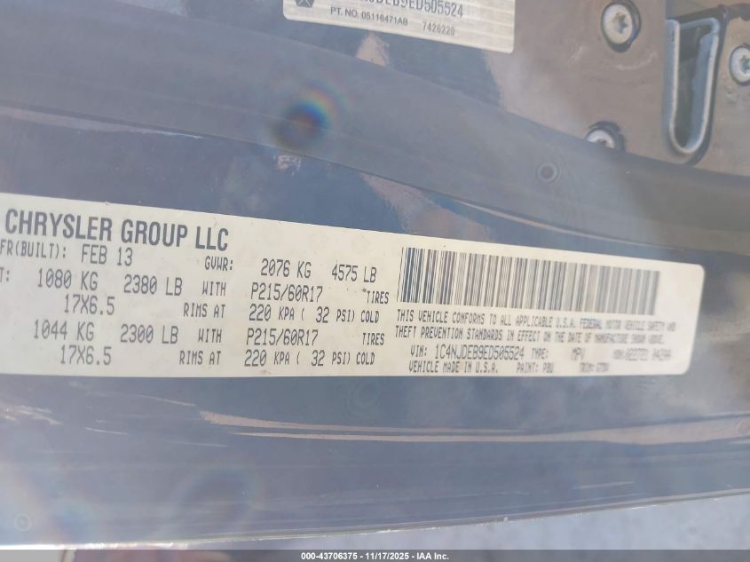 2014 Jeep Compass Latitude VIN: 1C4NJDEB9ED505524 Lot: 43706375