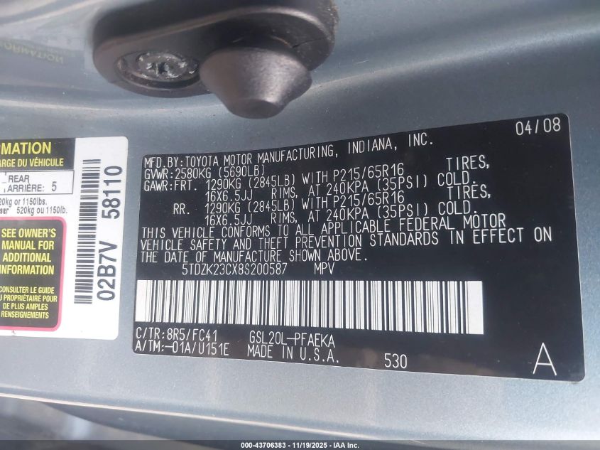 2008 Toyota Sienna Le VIN: 5TDZK23CX8S200587 Lot: 43706383