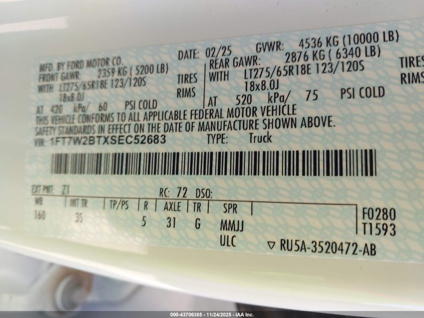 2025 Ford F-250 Xlt VIN: 1FT7W2BTXSEC52683 Lot: 43706385