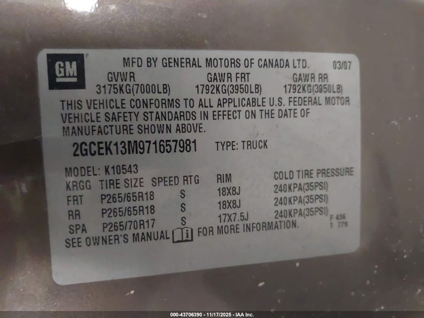 2007 Chevrolet Silverado 1500 Lt2 VIN: 2GCEK13M971657981 Lot: 43706390