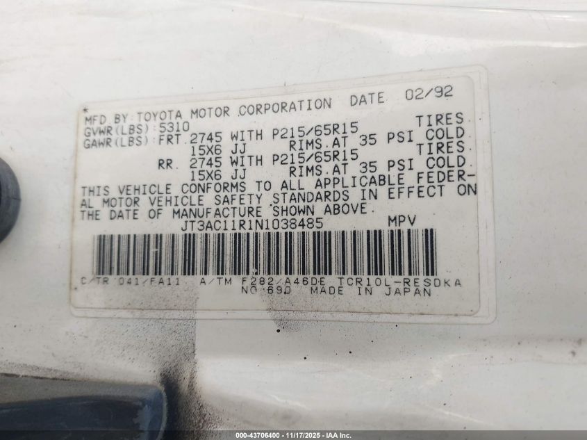 1992 Toyota Previa Dlx VIN: JT3AC11R1N1038485 Lot: 43706400