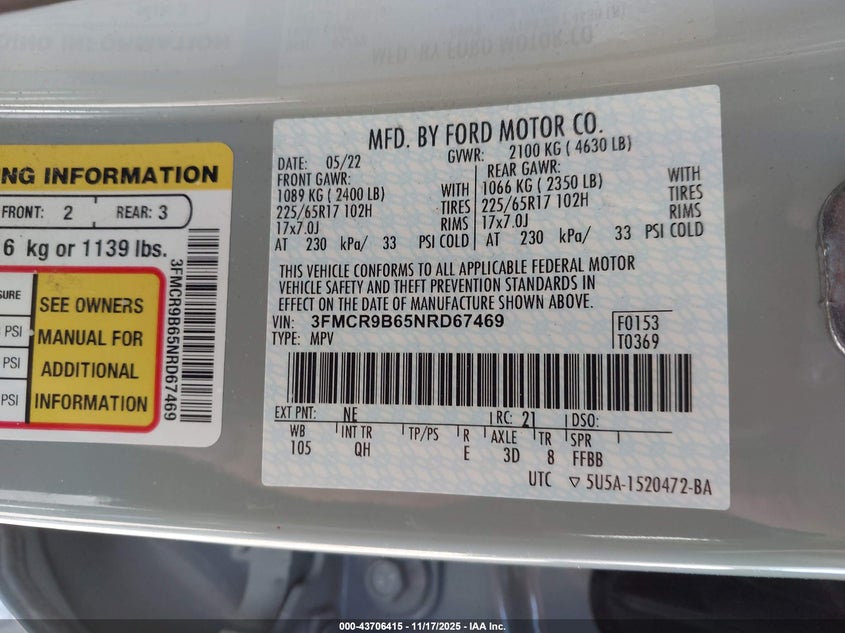 3FMCR9B65NRD67469 2022 FORD BRONCO SPORT photo no. 9