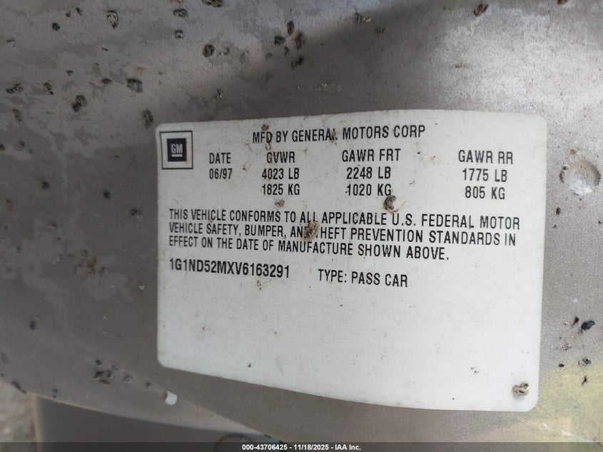 1997 Chevrolet Malibu VIN: 1G1ND52MXV6163291 Lot: 43706425