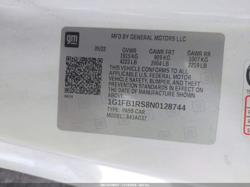2022 Chevrolet Camaro Rwd 1Lt VIN: 1G1FB1RS8N0128744 Lot: 43706437