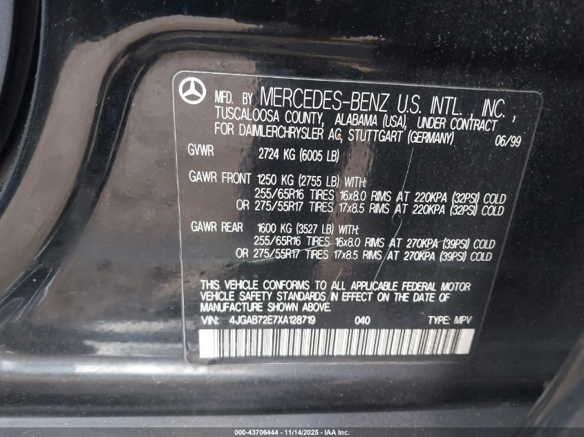 1999 Mercedes-Benz Ml 430 VIN: 4JGAB72E7XA128719 Lot: 43706444