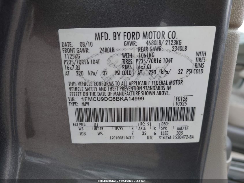 2011 Ford Escape Xlt VIN: 1FMCU9DG6BKA14999 Lot: 43706446