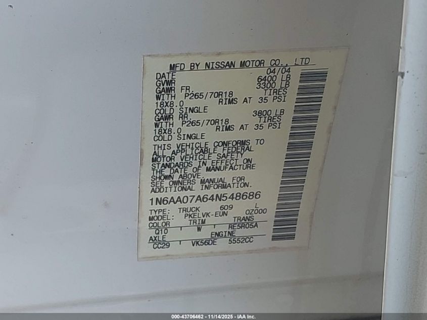 2004 Nissan Titan Le VIN: 1N6AA07A64N548686 Lot: 43706462