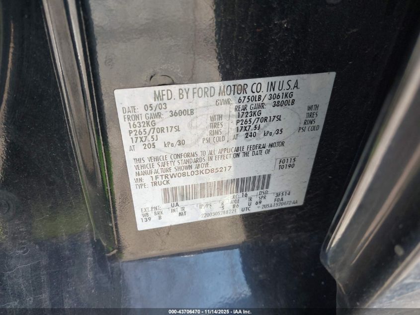 2003 Ford F-150 Lariat/Xlt VIN: 1FTRW08L03KD85217 Lot: 43706470