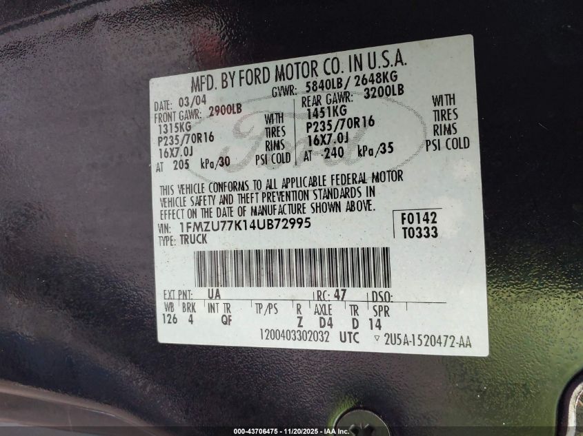 2004 Ford Explorer Sport Trac Adrenalin/Xls/Xlt VIN: 1FMZU77K14UB72995 Lot: 43706475