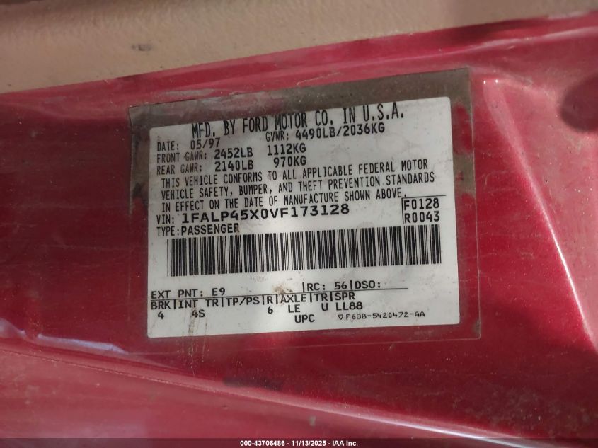 1997 Ford Mustang Gt VIN: 1FALP45X0VF173128 Lot: 43706486