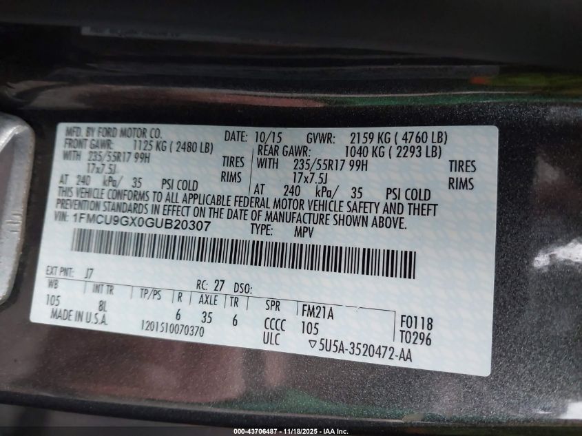 2016 Ford Escape Se VIN: 1FMCU9GX0GUB20307 Lot: 43706487