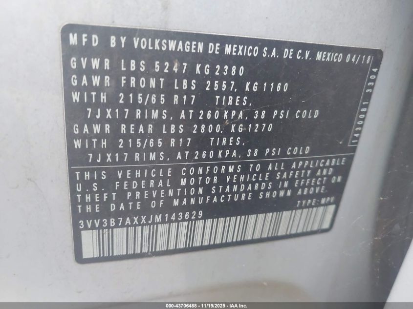 2018 Volkswagen Tiguan 2.0T Se/2.0T Sel VIN: 3VV3B7AXXJM143629 Lot: 43706488