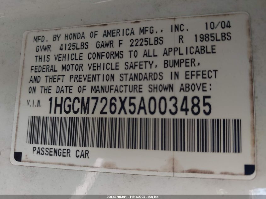 2005 Honda Accord 2.4 Ex VIN: 1HGCM726X5A003485 Lot: 43706491