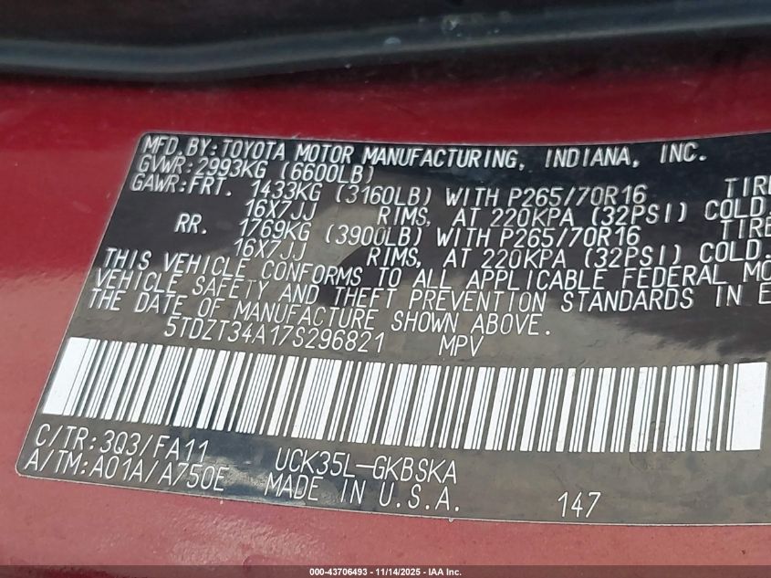 2007 Toyota Sequoia Sr5 V8 VIN: 5TDZT34A17S296821 Lot: 43706493