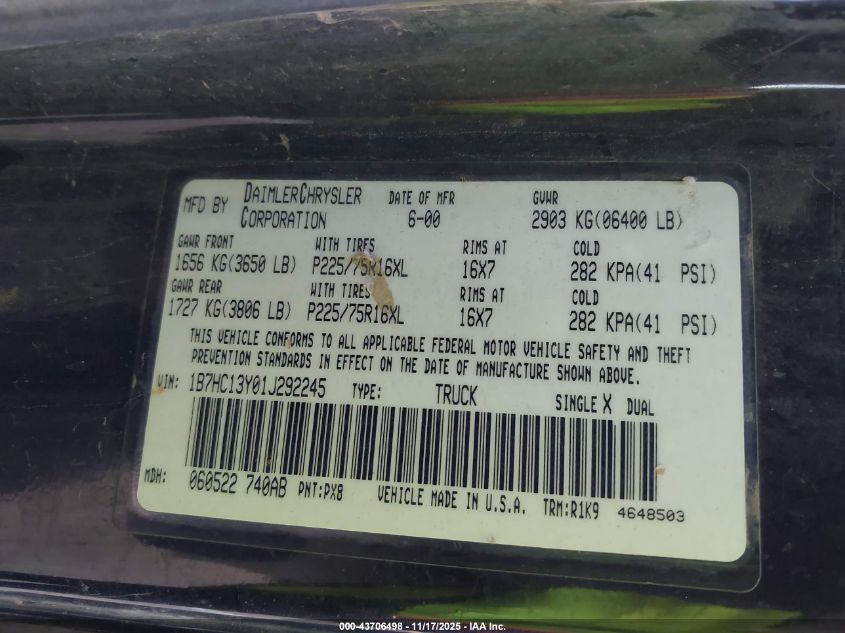 2001 Dodge Ram 1500 St VIN: 1B7HC13Y01J292245 Lot: 43706498