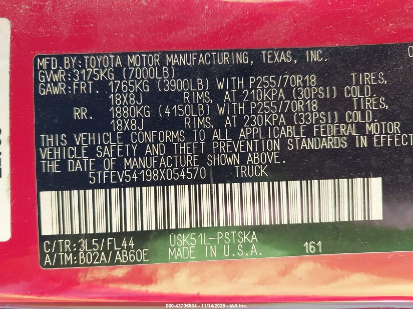 2008 Toyota Tundra Sr5 5.7L V8 VIN: 5TFEV54198X054570 Lot: 43706504