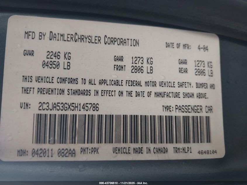 2005 Chrysler 300 Touring VIN: 2C3JA53GX5H145786 Lot: 43706510