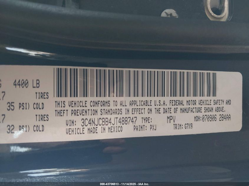 2018 Jeep Compass Latitude Fwd VIN: 3C4NJCBB4JT488747 Lot: 43706513