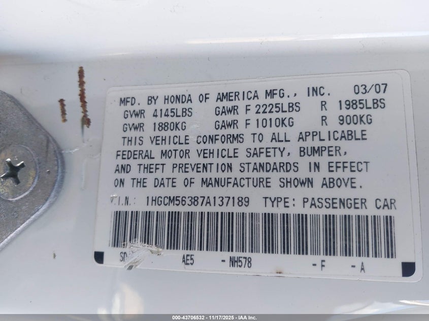 1HGCM56387A137189 2007 HONDA ACCORD photo no. 9