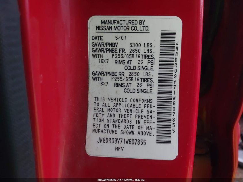 2001 Nissan Pathfinder Se VIN: JN8DR09Y71W607855 Lot: 43706535