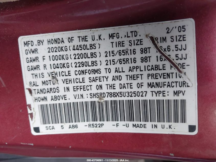 2005 Honda Cr-V Ex VIN: SHSRD788X5U325027 Lot: 43706561