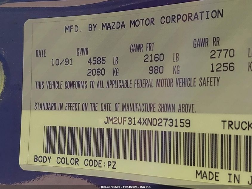 1992 Mazda B2600 Cab Plus VIN: JM2UF314XN0273159 Lot: 43706569
