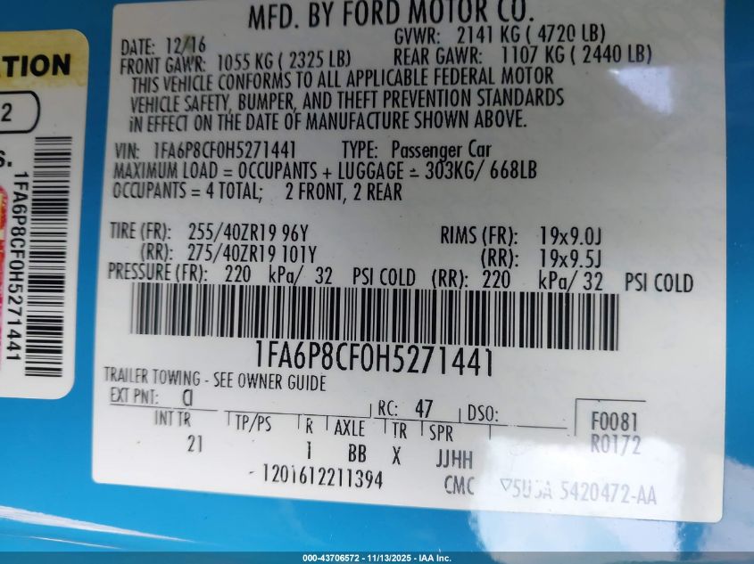 2017 Ford Mustang Gt VIN: 1FA6P8CF0H5271441 Lot: 43706572