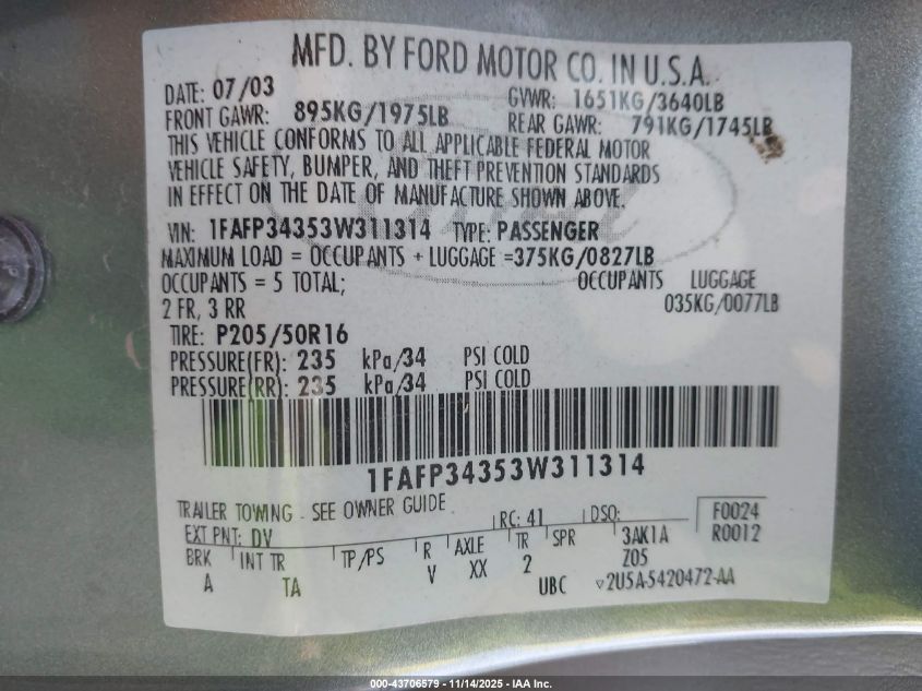 2003 Ford Focus Se VIN: 1FAFP34353W311314 Lot: 43706579