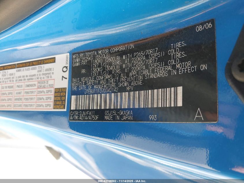 2007 Toyota Fj Cruiser VIN: JTEBU11F370042142 Lot: 43706582