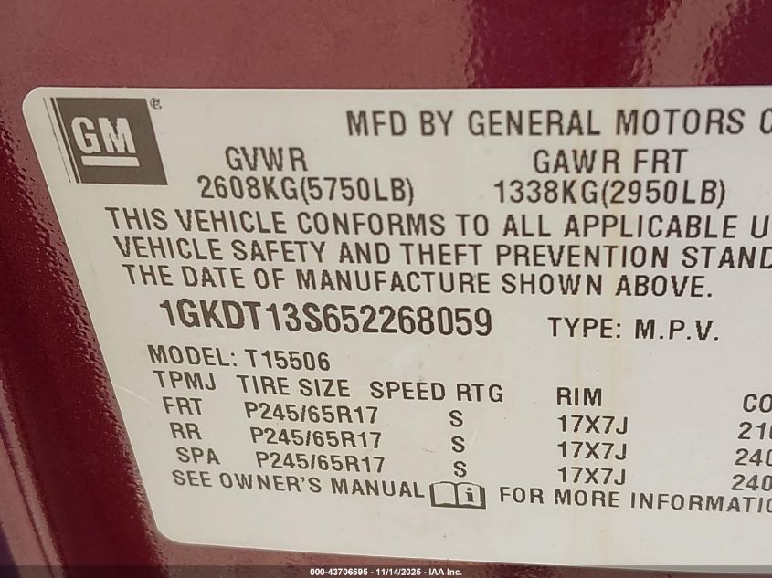 2005 GMC Envoy Slt VIN: 1GKDT13S652268059 Lot: 43706595