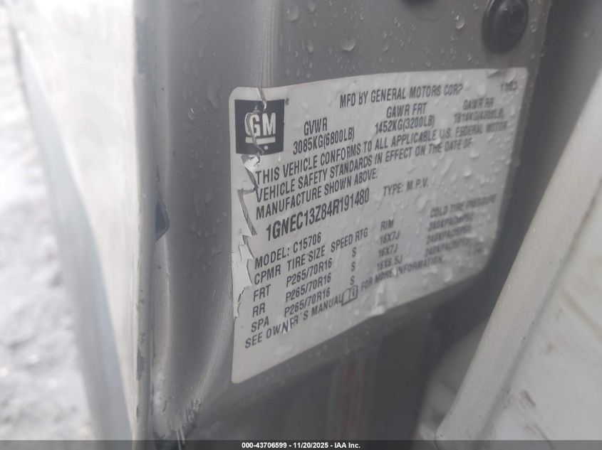 2004 Chevrolet Tahoe Ls VIN: 1GNEC13Z84R191480 Lot: 43706599