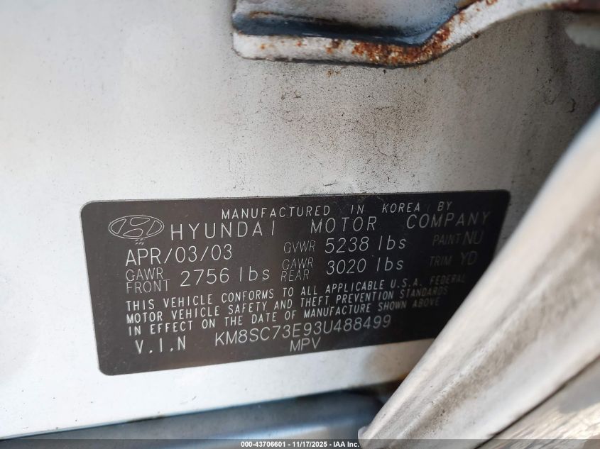 2003 Hyundai Santa Fe Gls/Lx VIN: KM8SC73E93U488499 Lot: 43706601