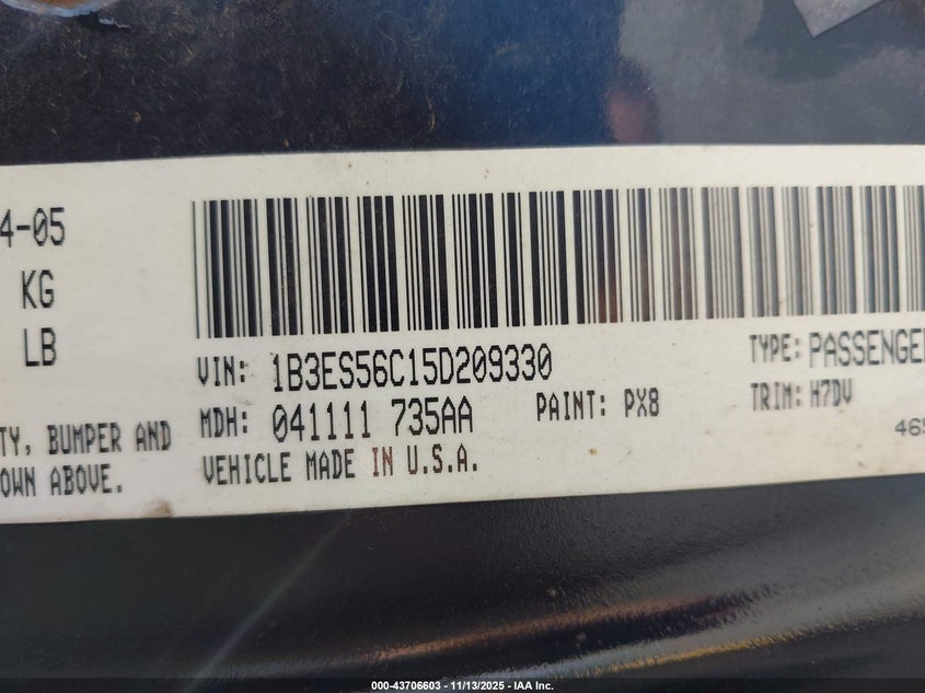 2005 Dodge Neon Sxt VIN: 1B3ES56C15D209330 Lot: 43706603