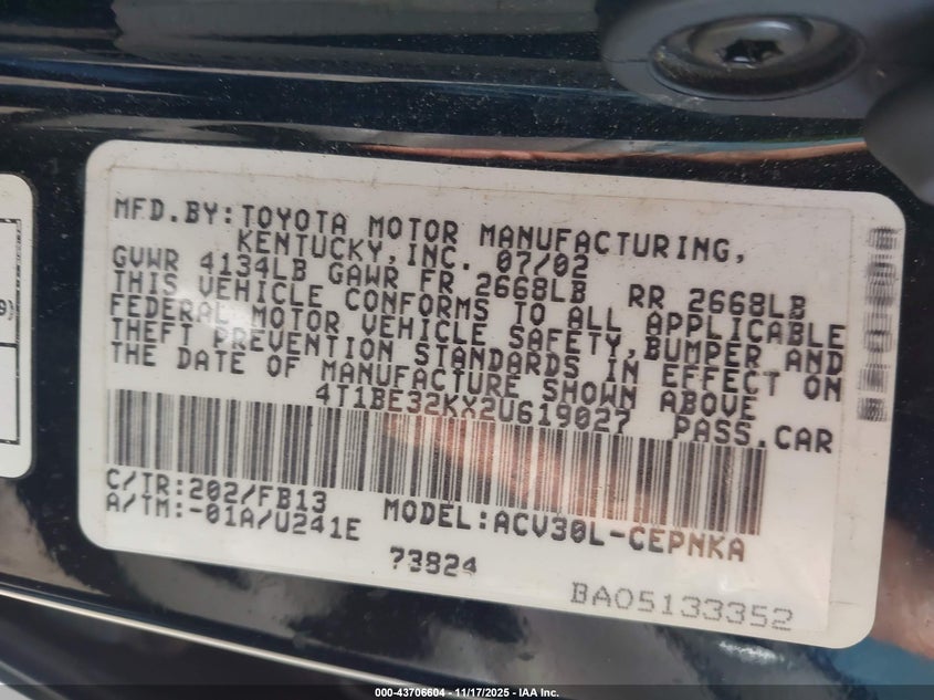 4T1BE32KX2U619027 2002 TOYOTA CAMRY photo no. 9