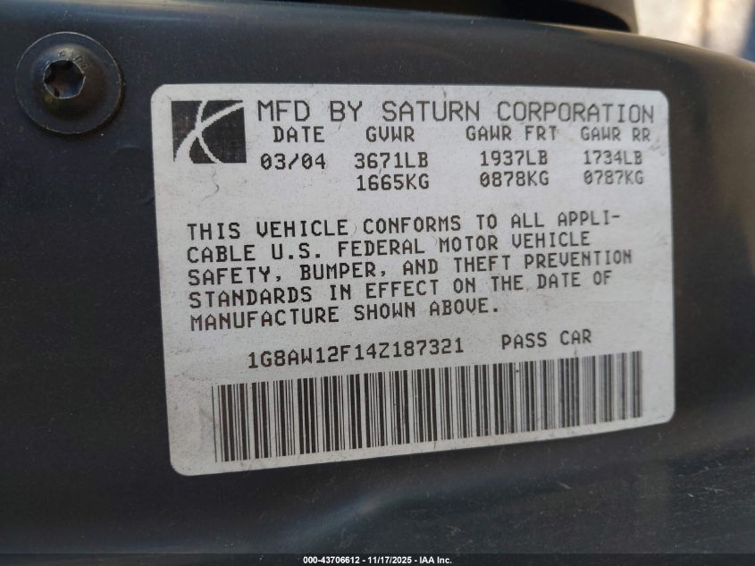2004 Saturn Ion 3 VIN: 1G8AW12F14Z187321 Lot: 43706612