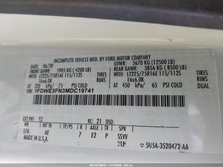 2021 Ford E-350 Cutaway VIN: 1FDWE3FN3MDC19741 Lot: 43706616