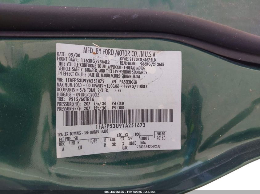 2000 Ford Taurus Se VIN: 1FAFP53U9YA251872 Lot: 43706625