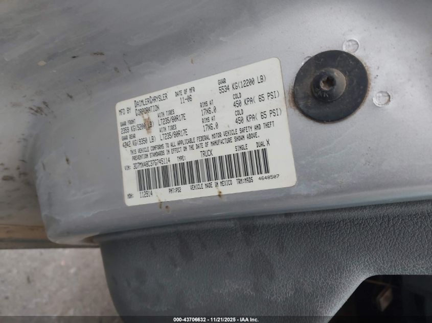 2007 Dodge Ram 3500 Slt/Sport VIN: 3D7MX48C37G745114 Lot: 43706632