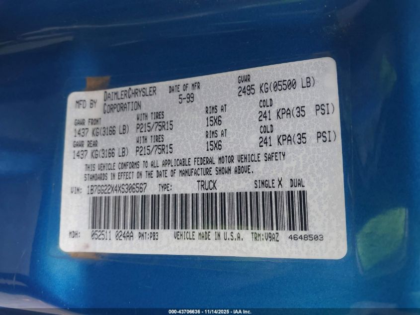 1999 Dodge Dakota Slt/Sport VIN: 1B7GG22X4XS306567 Lot: 43706636