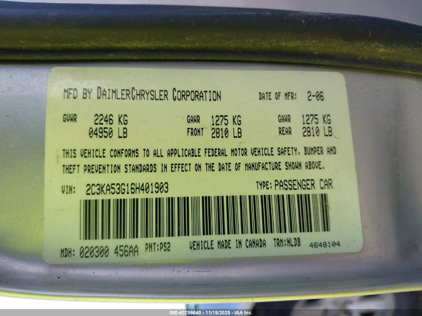 2006 Chrysler 300 Touring VIN: 2C3KA53G16H401903 Lot: 43706640