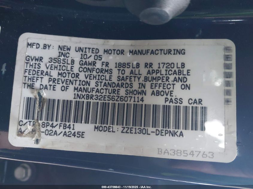 2006 Toyota Corolla Le VIN: 1NXBR32E56Z607114 Lot: 43706643